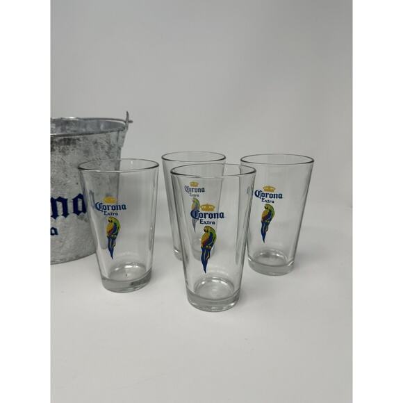 Corona Extra Gift Set Metal Ice Bucket W/(4) 16oz. Pub Glasses for Bar - Picture 2 of 3